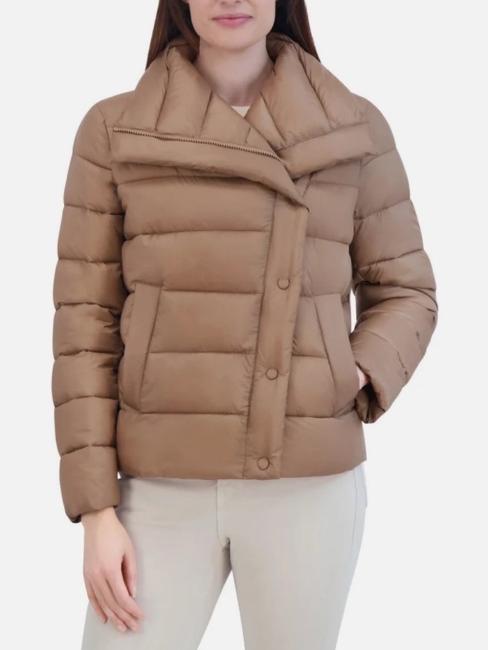 NWT Tahari Women's Asymmetrical Puffer Tan Jacket Size Large